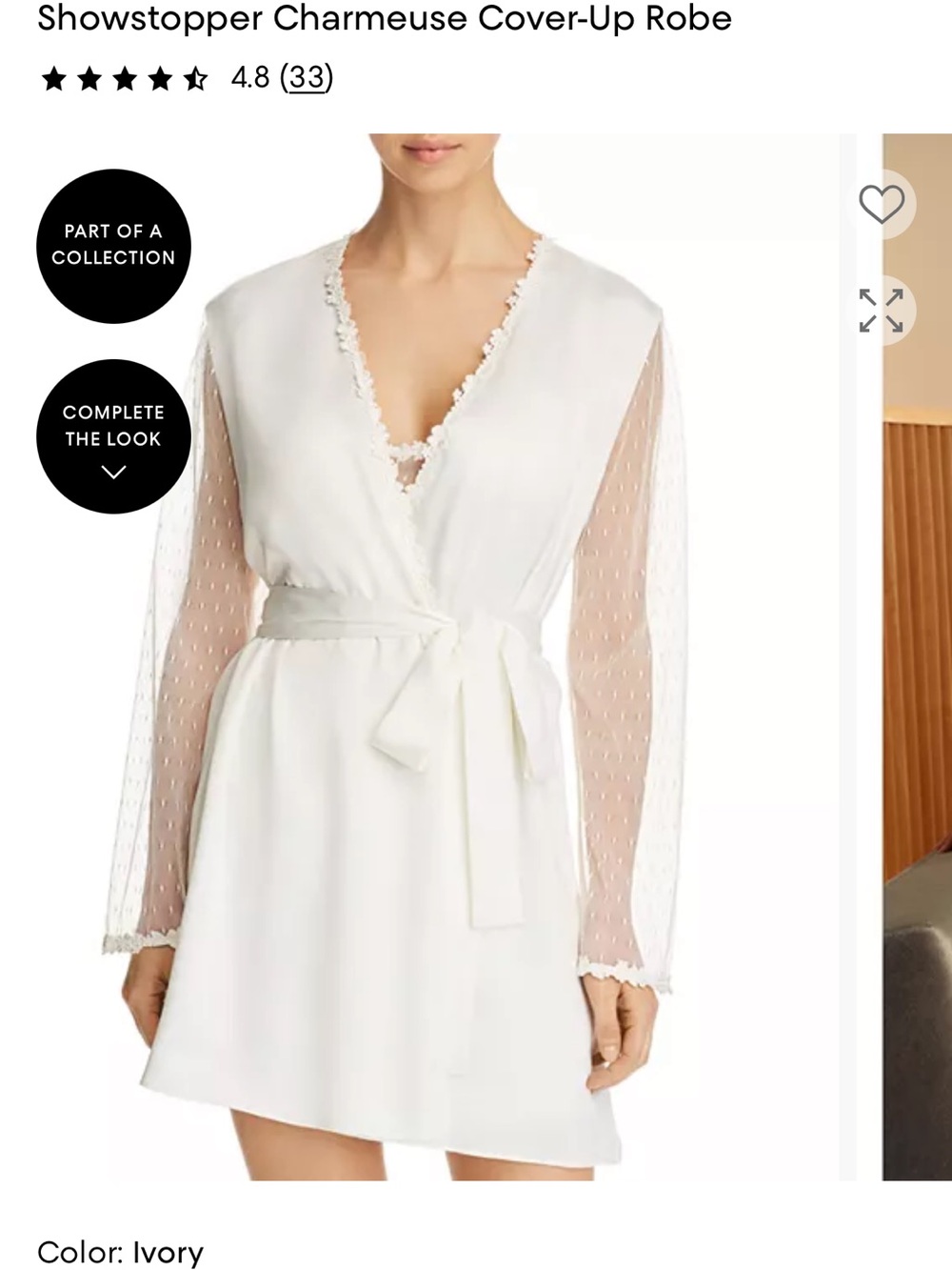 Flora Nikrooz Ivory Charmeuse Cover-Up with Sheer Dot Sleeves